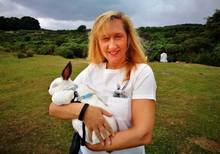 rachel de jong holding her pet rabbit speedy 