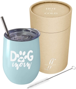 Dog Mom - 12 oz Stainless Steel Stemless Wine Tumbler with Lid and Straw