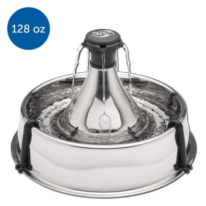 PetSafe Drinkwell 360 Multi-Pet Stainless Steel Dog and Cat Fountain with water flowing 