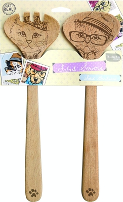 Beechwood Salad Serving Set, Cat Design by Talisman Designs